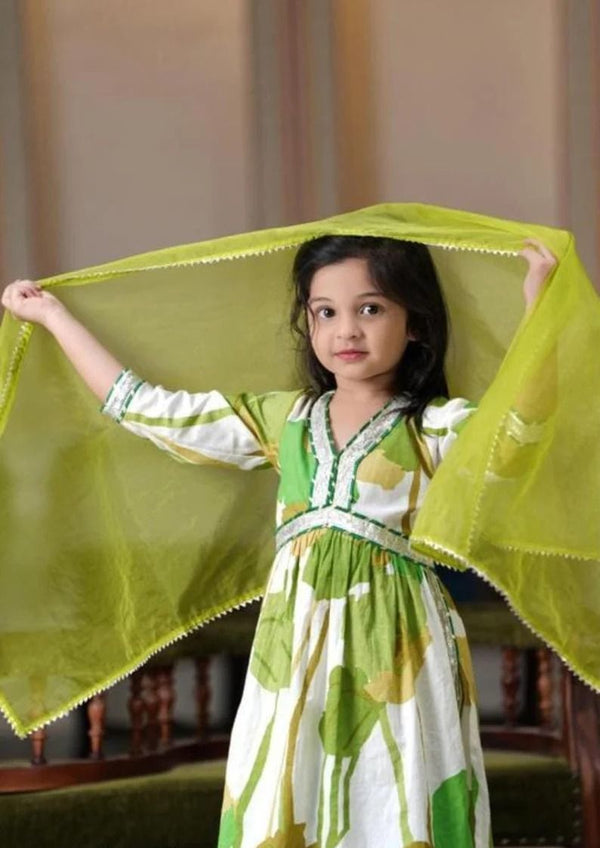 Green Alia Cut Kurti Pant Kids Wear